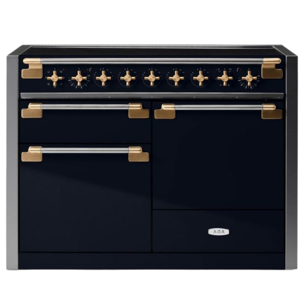 AGA Elise Dual Fuel Range in stainless steel with copper cookware
